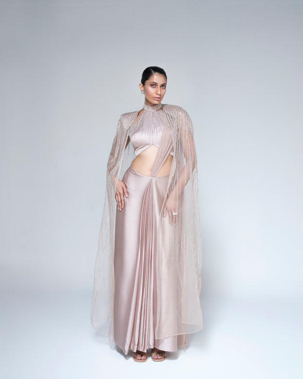 Champagne Metallic Hand Embroidered Saree Set