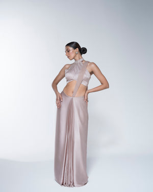 Champagne Metallic Hand Embroidered Saree Set