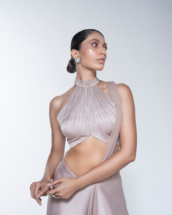 Champagne Metallic Hand Embroidered Saree Set