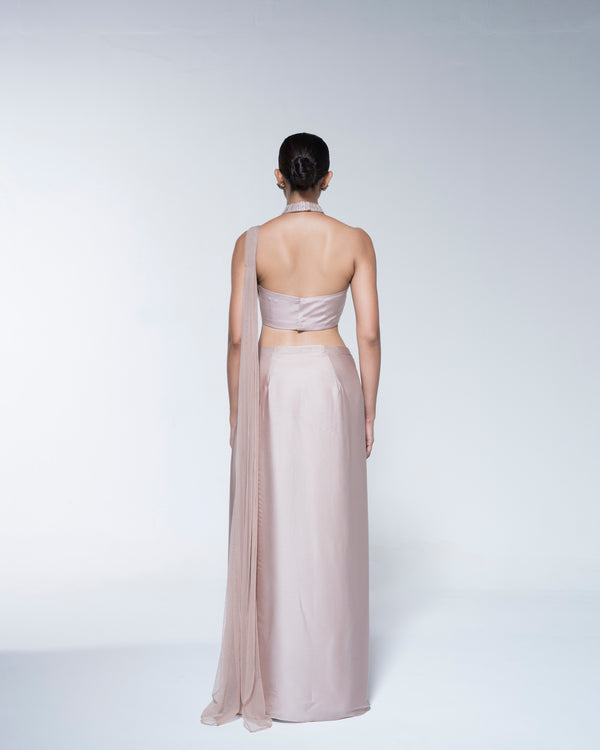 Champagne Metallic Hand Embroidered Saree Set