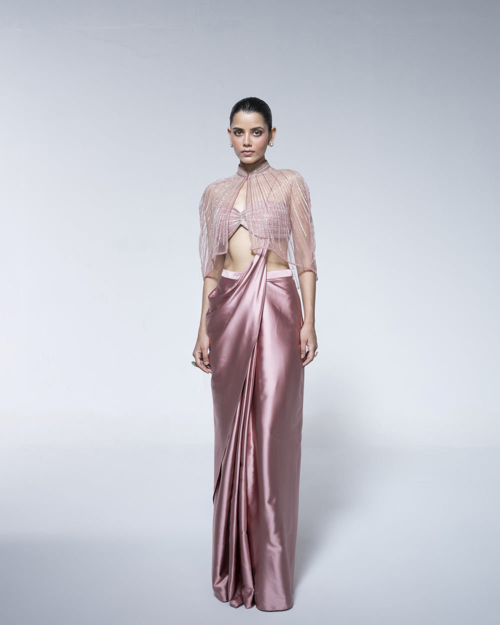 Pre Draped Saree Set With Cape