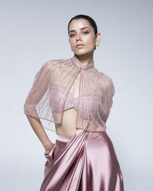 Pre Draped Saree Set With Cape