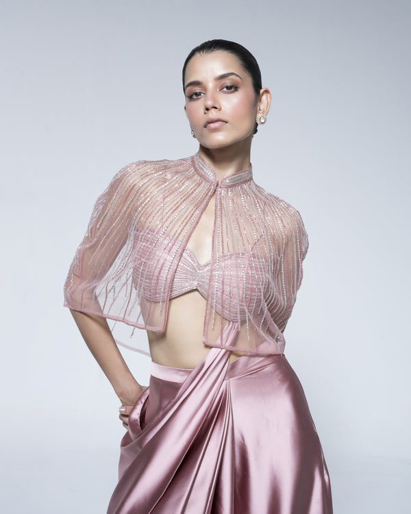 Pre Draped Saree Set With Cape