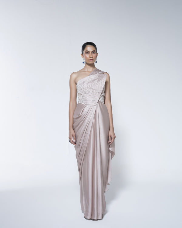 Pre Draped Champagne Saree With Wrap Around Blouse Detail