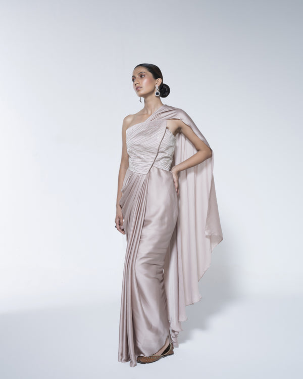 Pre Draped Champagne Saree With Wrap Around Blouse Detail