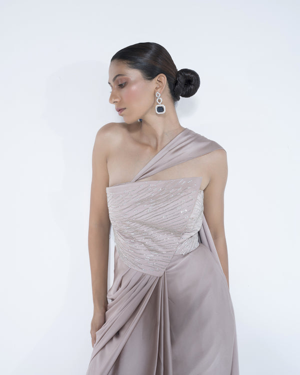 Pre Draped Champagne Saree With Wrap Around Blouse Detail