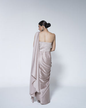 Pre Draped Champagne Saree With Wrap Around Blouse Detail