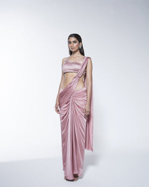 Metal Pink Saree With Asymmetrical Blouse Detail
