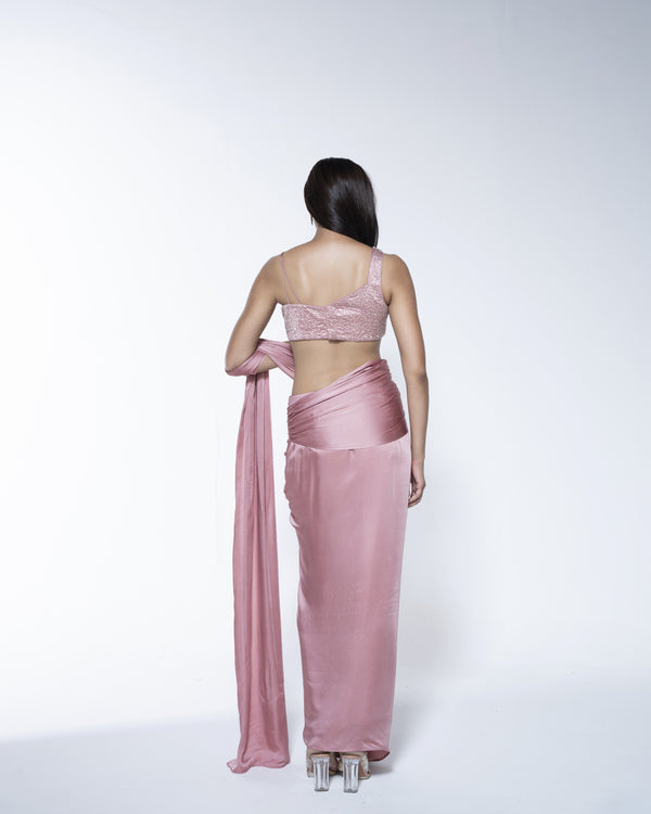 Metal Pink Saree With Asymmetrical Blouse Detail