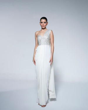 White Saree With Metal Coated Embroidery