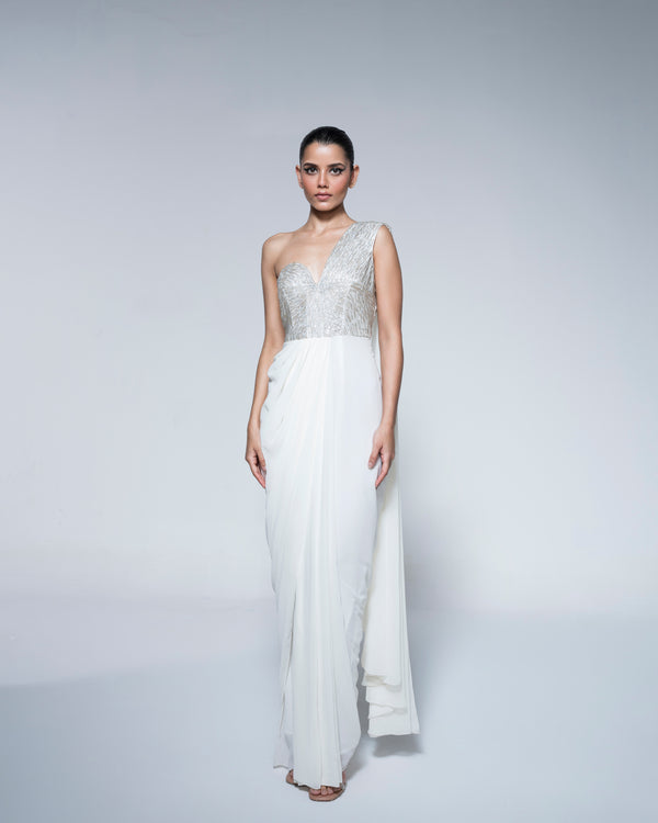 White Saree With Metal Coated Embroidery