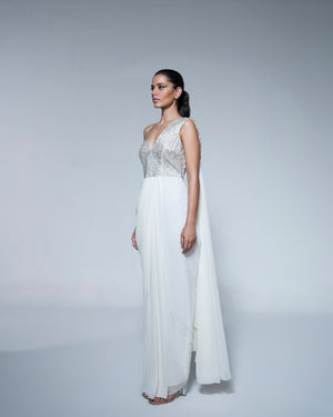 White Saree With Metal Coated Embroidery