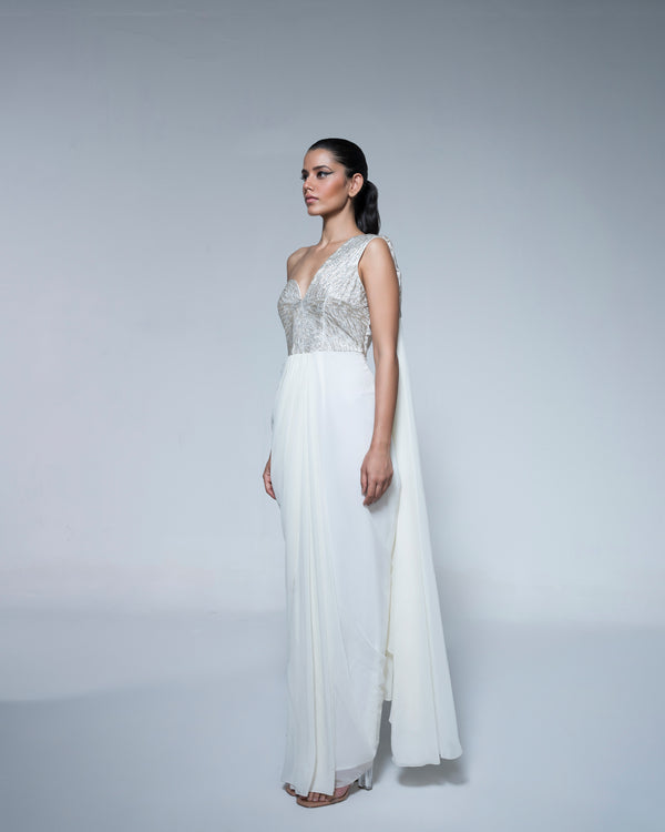 White Saree With Metal Coated Embroidery