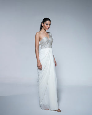 White Saree With Metal Coated Embroidery