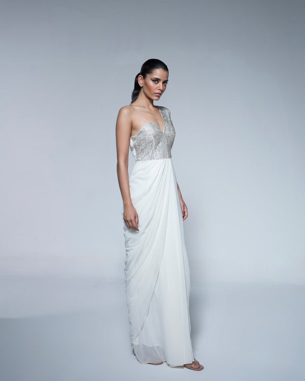 White Saree With Metal Coated Embroidery