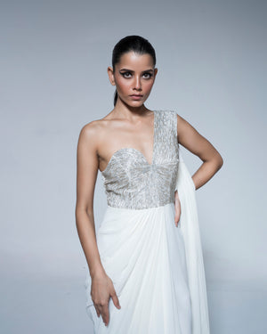 White Saree With Metal Coated Embroidery