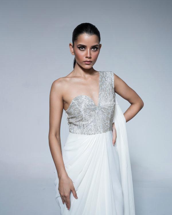 White Saree With Metal Coated Embroidery