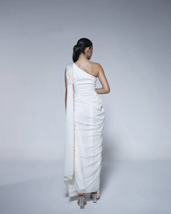 White Saree With Metal Coated Embroidery