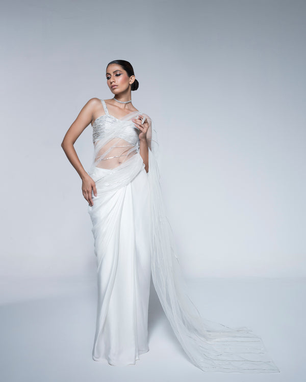 Monochrome Metallic Blouse With Pre Draped Saree