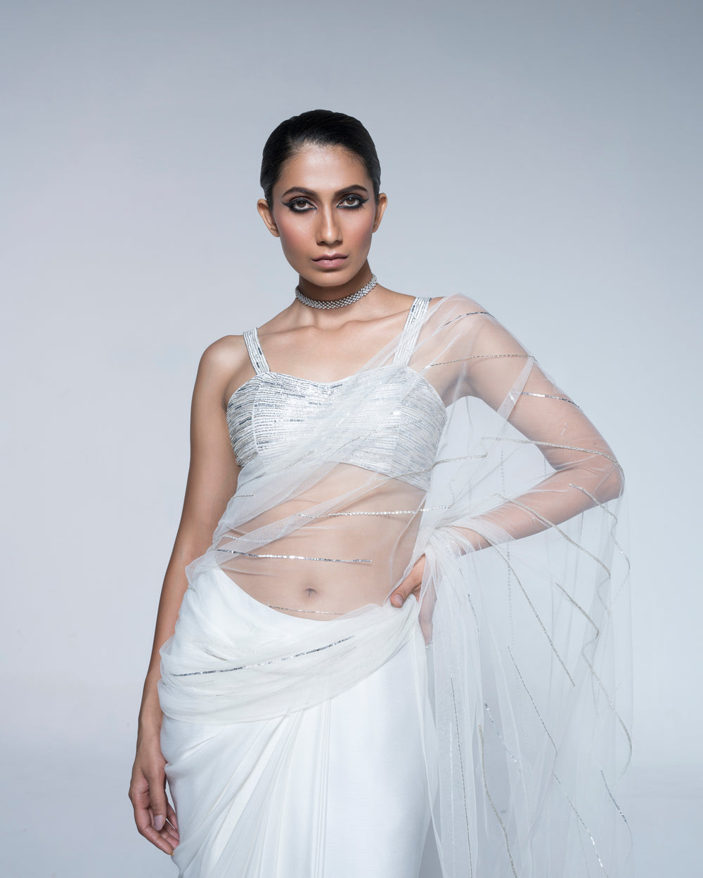 Monochrome Metallic Blouse With Pre Draped Saree