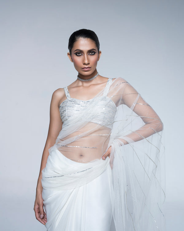 Monochrome Metallic Blouse With Pre Draped Saree