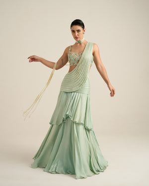 Mint Green Pearl Embellished Saree Set