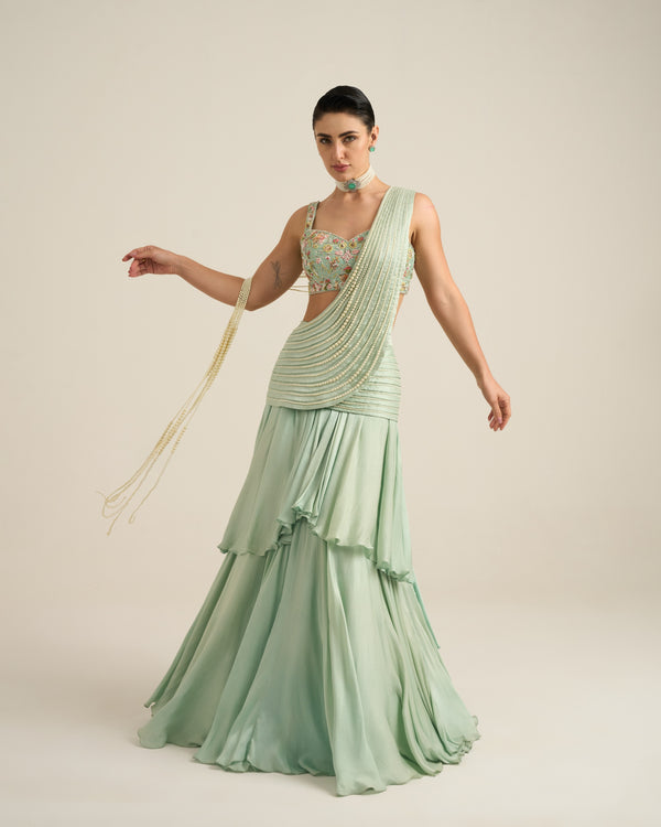 Mint Green Pearl Embellished Saree Set