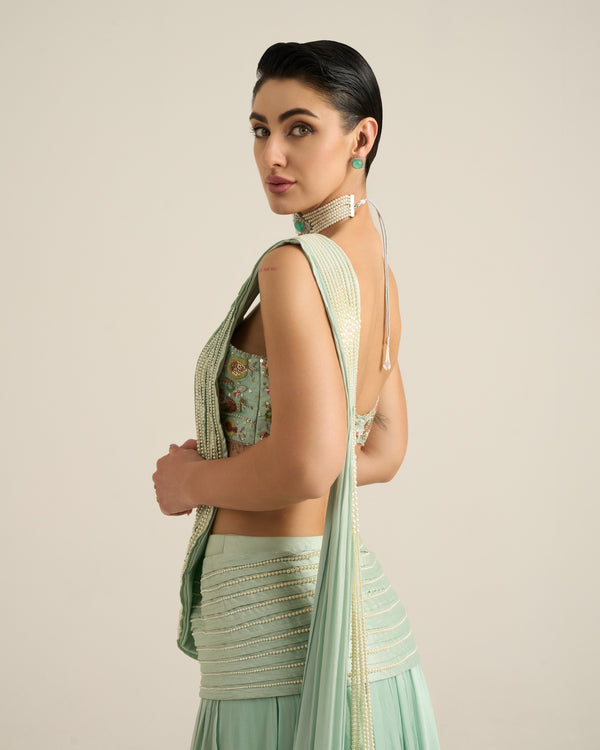 Mint Green Pearl Embellished Saree Set