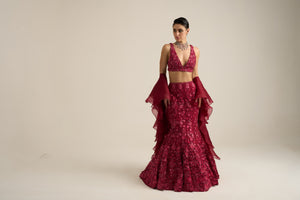 Cherry Red Monochrome Florid Lehenga Set