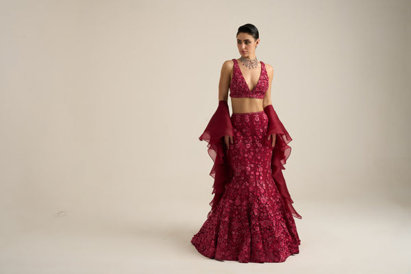Cherry Red Monochrome Florid Lehenga Set