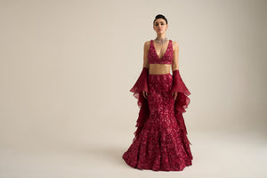 Cherry Red Monochrome Florid Lehenga Set