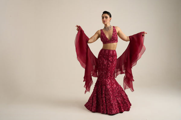 Cherry Red Monochrome Florid Lehenga Set