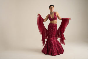 Cherry Red Monochrome Florid Lehenga Set