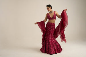 Cherry Red Monochrome Florid Lehenga Set