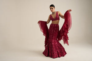 Cherry Red Monochrome Florid Lehenga Set