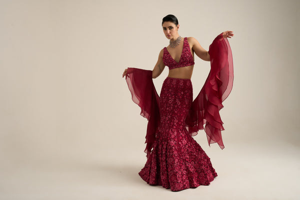 Cherry Red Monochrome Florid Lehenga Set