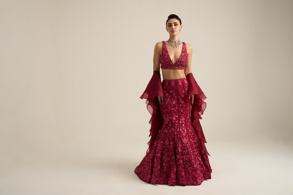 Cherry Red Monochrome Florid Lehenga Set