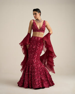 Cherry Red Monochrome Florid Lehenga Set